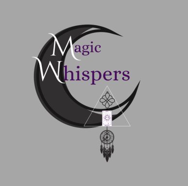 Logo featuring a crescent moon and the text "Magic Whispers" in purple and black.